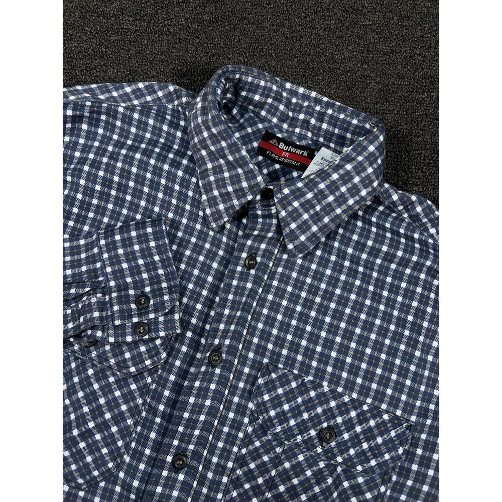 Bulwark FR Shirt Mens Medium Blue Plaid Flame Resistant LS Button Up Work